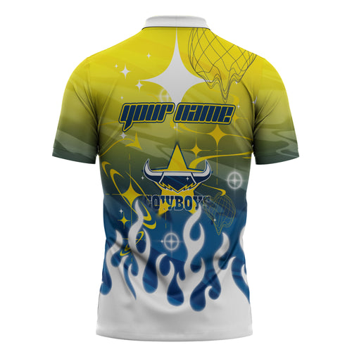 Personalized North Queensland Cowboys Zipper Polo Shirt Y2K Grunge Aesthetic With Cyber Flames and Starburst Graphics