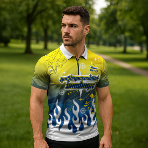 Personalized North Queensland Cowboys Zipper Polo Shirt Y2K Grunge Aesthetic With Cyber Flames and Starburst Graphics