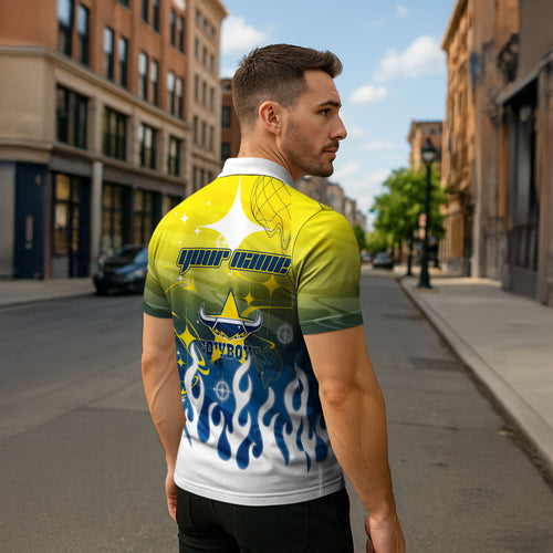 Personalized North Queensland Cowboys Zipper Polo Shirt Y2K Grunge Aesthetic With Cyber Flames and Starburst Graphics