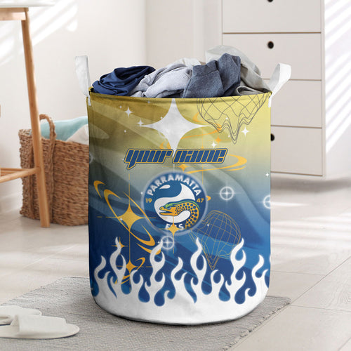 Personalized Parramatta Eels Laundry Basket Y2K Grunge Aesthetic With Cyber Flames and Starburst Graphics