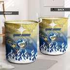 Personalized Parramatta Eels Laundry Basket Y2K Grunge Aesthetic With Cyber Flames and Starburst Graphics