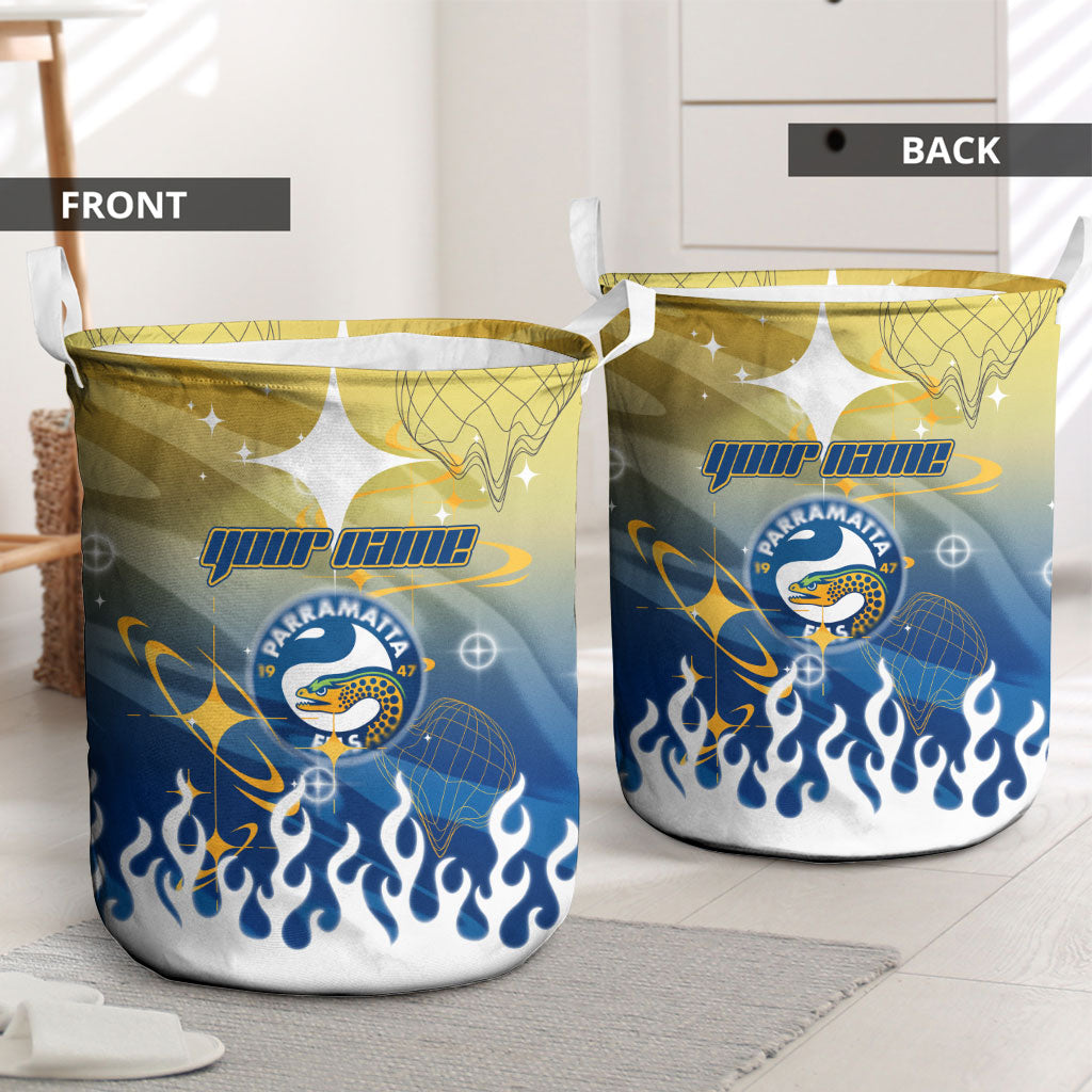 Personalized Parramatta Eels Laundry Basket Y2K Grunge Aesthetic With Cyber Flames and Starburst Graphics