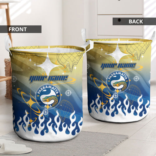Personalized Parramatta Eels Laundry Basket Y2K Grunge Aesthetic With Cyber Flames and Starburst Graphics