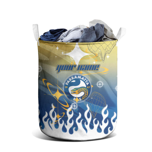 Personalized Parramatta Eels Laundry Basket Y2K Grunge Aesthetic With Cyber Flames and Starburst Graphics