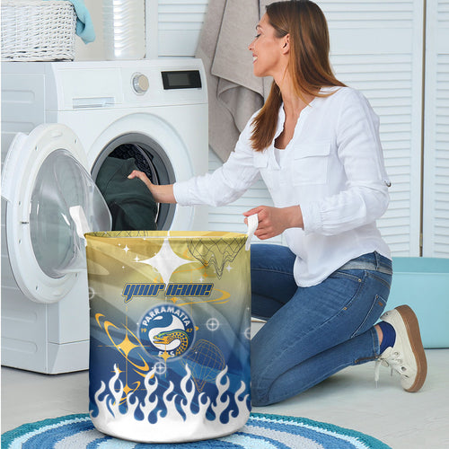 Personalized Parramatta Eels Laundry Basket Y2K Grunge Aesthetic With Cyber Flames and Starburst Graphics