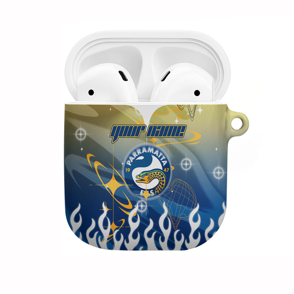 Personalized Parramatta Eels AirPods Case Y2K Grunge Aesthetic With Cyber Flames and Starburst Graphics