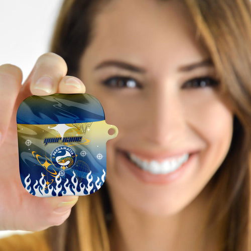Personalized Parramatta Eels AirPods Case Y2K Grunge Aesthetic With Cyber Flames and Starburst Graphics