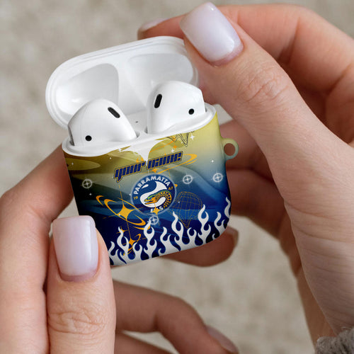 Personalized Parramatta Eels AirPods Case Y2K Grunge Aesthetic With Cyber Flames and Starburst Graphics