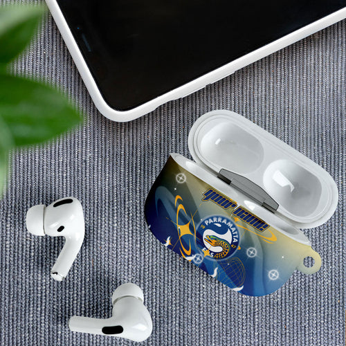 Personalized Parramatta Eels AirPods Case Y2K Grunge Aesthetic With Cyber Flames and Starburst Graphics