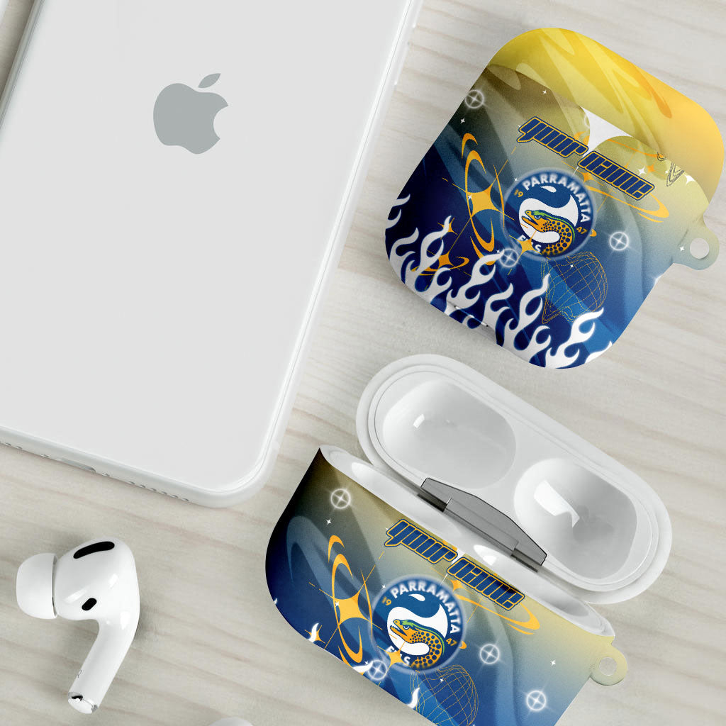 Personalized Parramatta Eels AirPods Case Y2K Grunge Aesthetic With Cyber Flames and Starburst Graphics