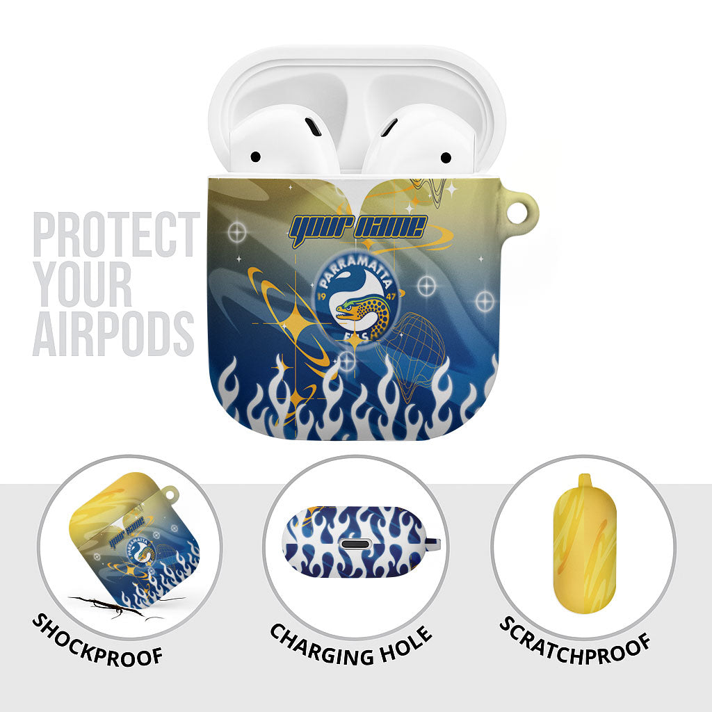 Personalized Parramatta Eels AirPods Case Y2K Grunge Aesthetic With Cyber Flames and Starburst Graphics