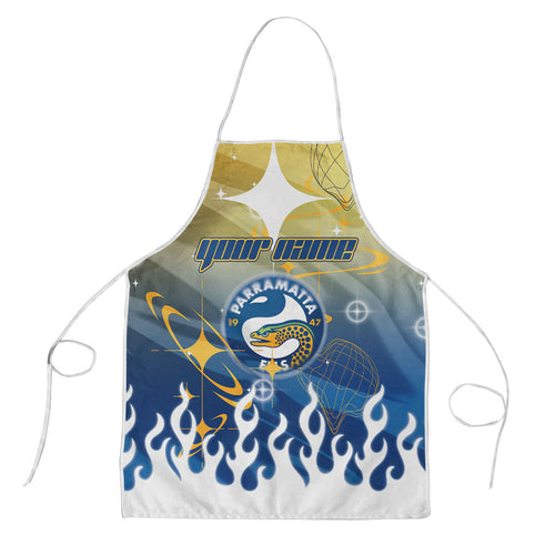 Personalized Parramatta Eels Apron Y2K Grunge Aesthetic With Cyber Flames and Starburst Graphics