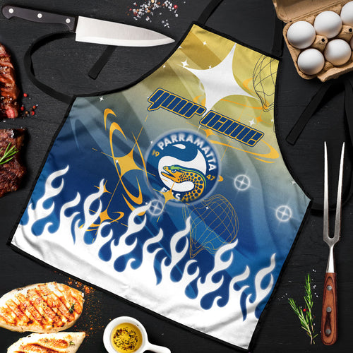 Personalized Parramatta Eels Apron Y2K Grunge Aesthetic With Cyber Flames and Starburst Graphics
