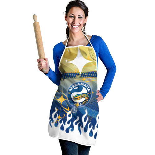 Personalized Parramatta Eels Apron Y2K Grunge Aesthetic With Cyber Flames and Starburst Graphics
