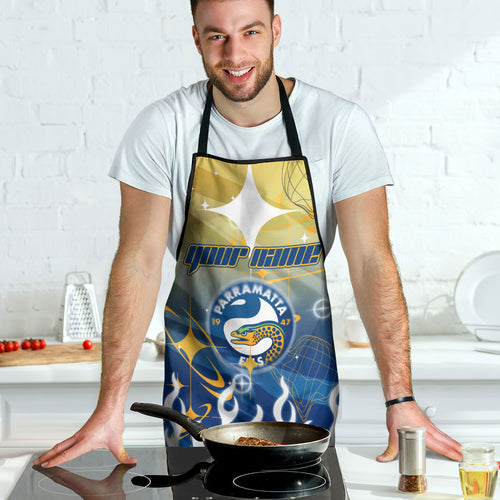 Personalized Parramatta Eels Apron Y2K Grunge Aesthetic With Cyber Flames and Starburst Graphics