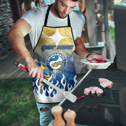Personalized Parramatta Eels Apron Y2K Grunge Aesthetic With Cyber Flames and Starburst Graphics