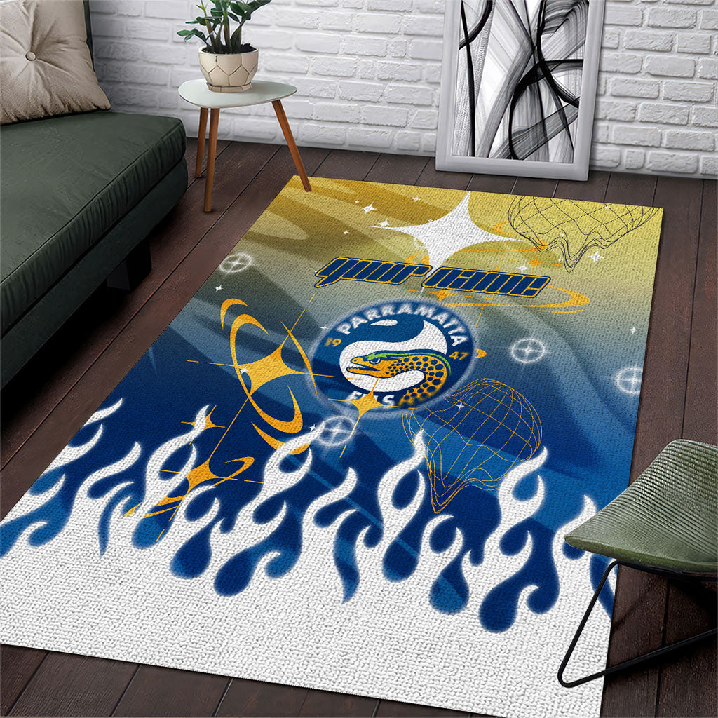 Personalized Parramatta Eels Area Rug Y2K Grunge Aesthetic With Cyber Flames and Starburst Graphics