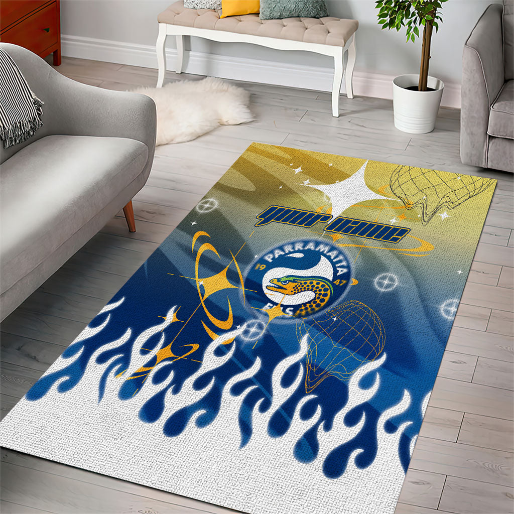 Personalized Parramatta Eels Area Rug Y2K Grunge Aesthetic With Cyber Flames and Starburst Graphics
