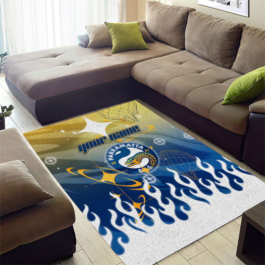 Personalized Parramatta Eels Area Rug Y2K Grunge Aesthetic With Cyber Flames and Starburst Graphics