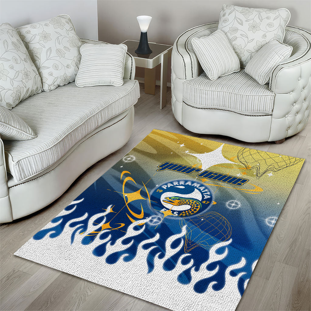 Personalized Parramatta Eels Area Rug Y2K Grunge Aesthetic With Cyber Flames and Starburst Graphics