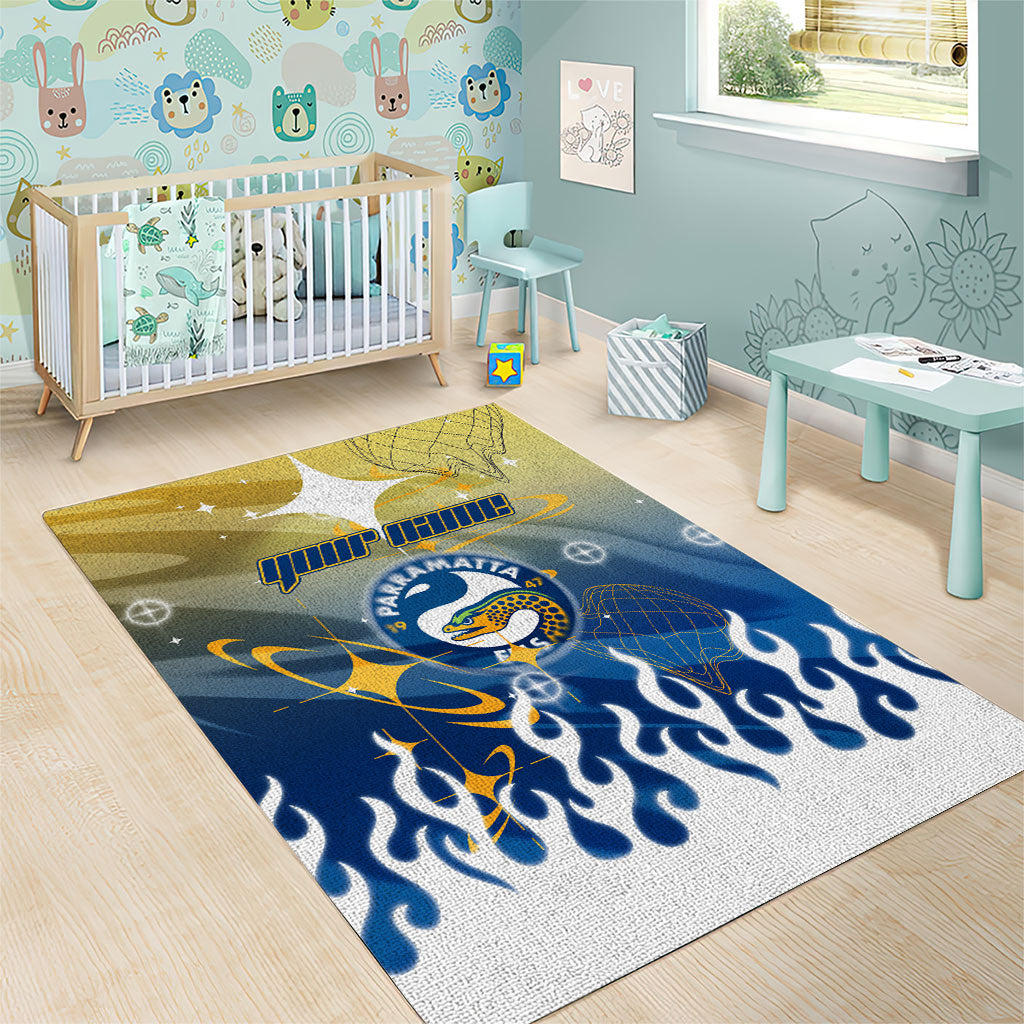 Personalized Parramatta Eels Area Rug Y2K Grunge Aesthetic With Cyber Flames and Starburst Graphics