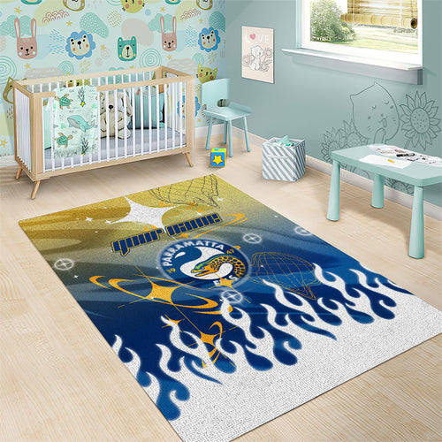 Personalized Parramatta Eels Area Rug Y2K Grunge Aesthetic With Cyber Flames and Starburst Graphics