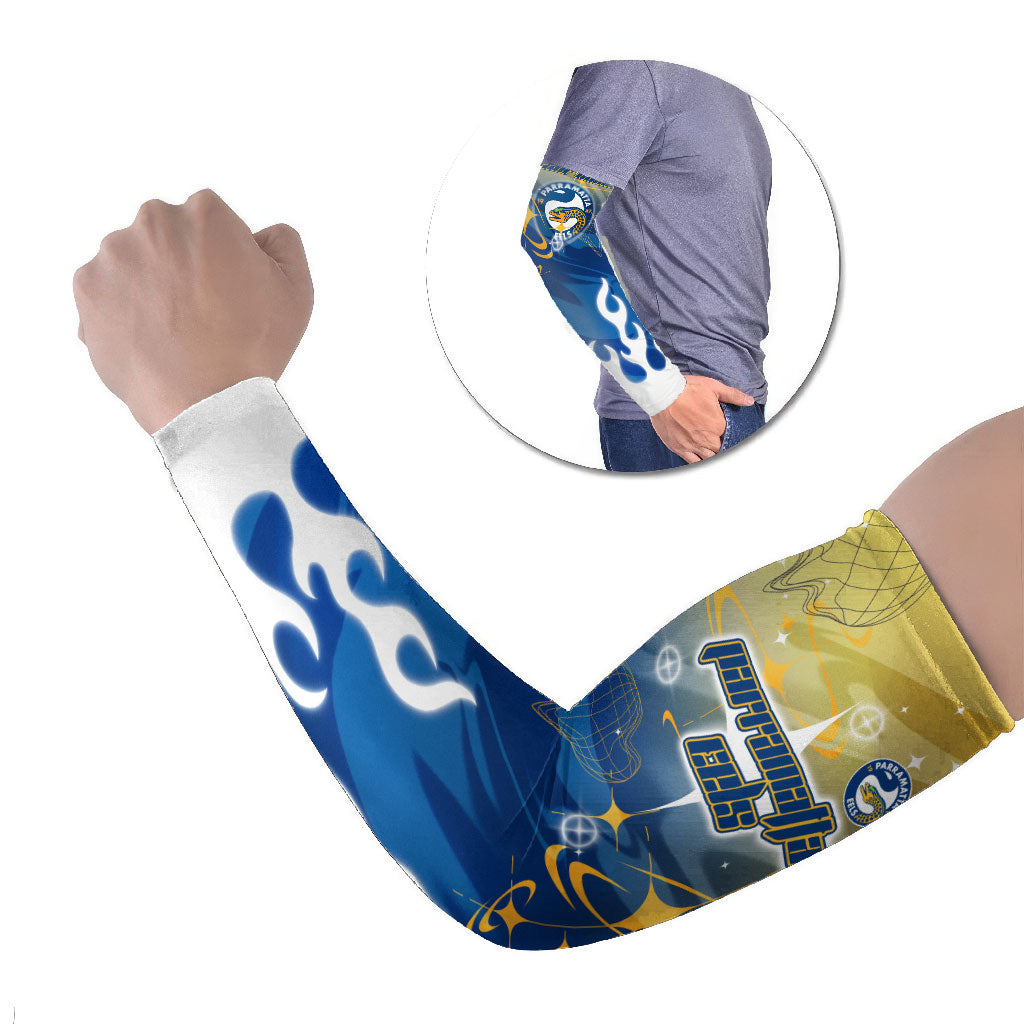 Personalized Parramatta Eels Arm Sleeves Y2K Grunge Aesthetic With Cyber Flames and Starburst Graphics