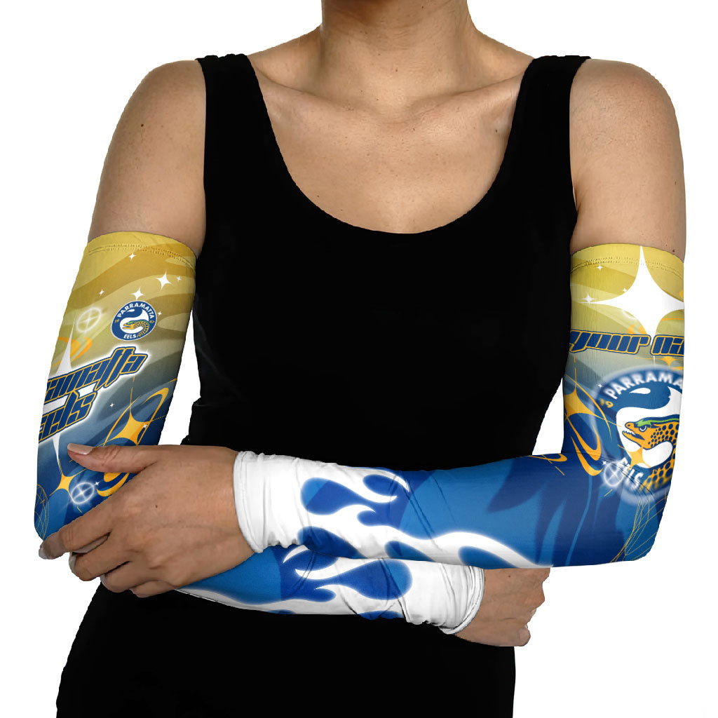Personalized Parramatta Eels Arm Sleeves Y2K Grunge Aesthetic With Cyber Flames and Starburst Graphics