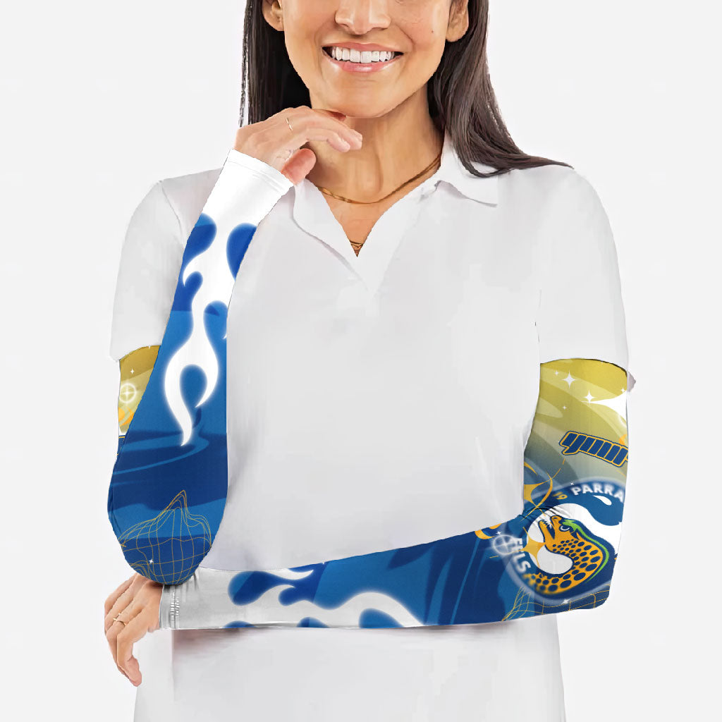 Personalized Parramatta Eels Arm Sleeves Y2K Grunge Aesthetic With Cyber Flames and Starburst Graphics