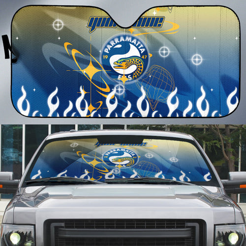Personalized Parramatta Eels Auto Sun Shade Y2K Grunge Aesthetic With Cyber Flames and Starburst Graphics