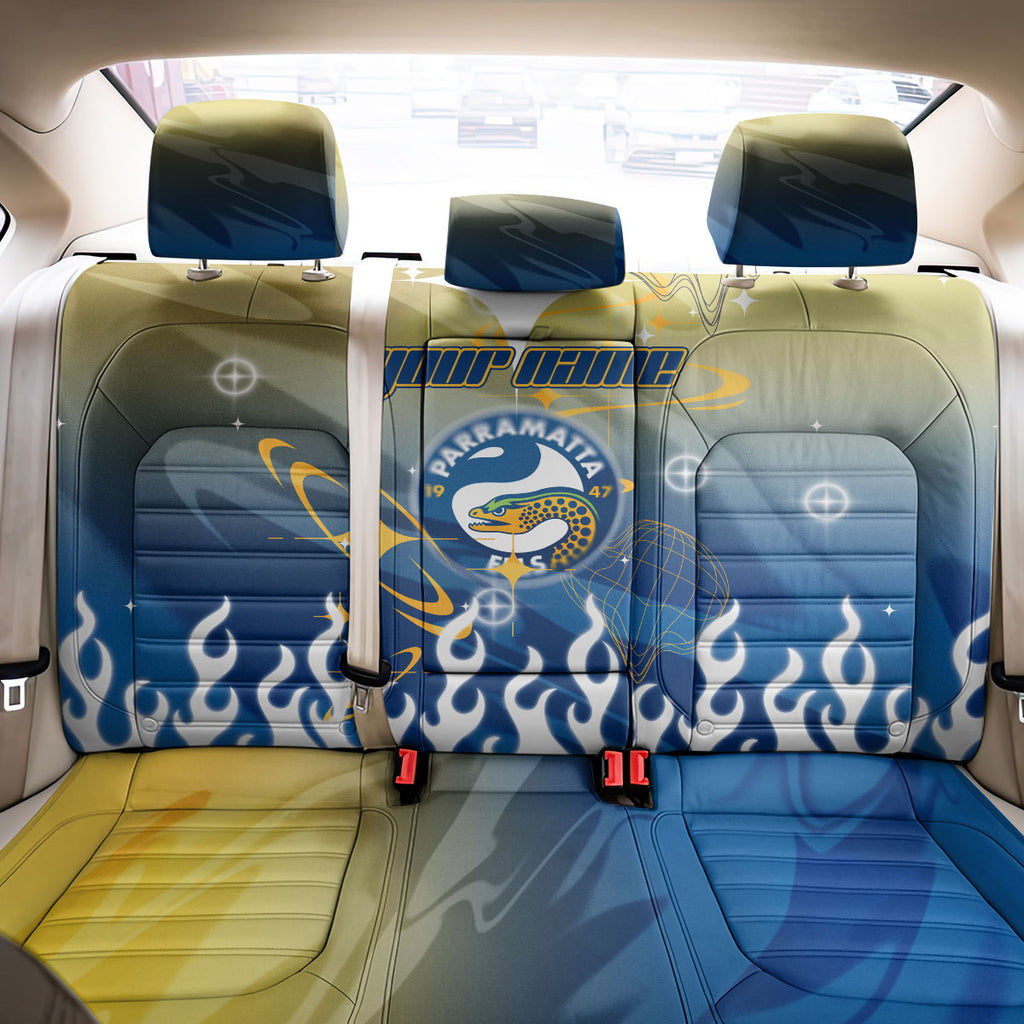 Personalized Parramatta Eels Back Car Seat Cover Y2K Grunge Aesthetic With Cyber Flames and Starburst Graphics