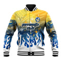 Personalized Parramatta Eels Baseball Jacket Y2K Grunge Aesthetic With Cyber Flames and Starburst Graphics