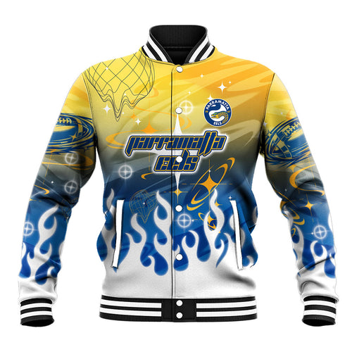Personalized Parramatta Eels Baseball Jacket Y2K Grunge Aesthetic With Cyber Flames and Starburst Graphics
