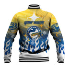 Personalized Parramatta Eels Baseball Jacket Y2K Grunge Aesthetic With Cyber Flames and Starburst Graphics