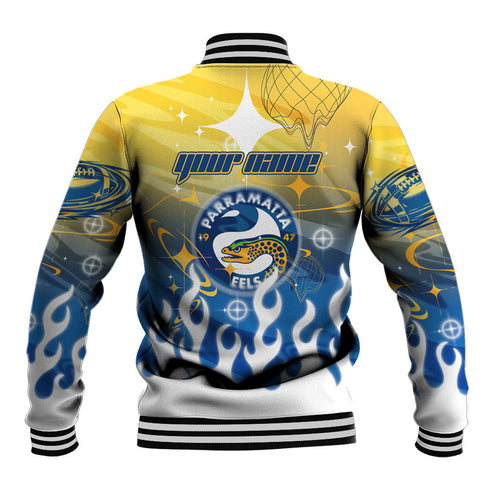 Personalized Parramatta Eels Baseball Jacket Y2K Grunge Aesthetic With Cyber Flames and Starburst Graphics