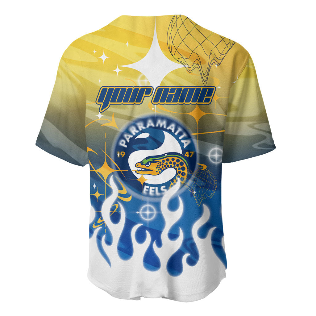 Personalized Parramatta Eels Baseball Jersey Y2K Grunge Aesthetic With Cyber Flames and Starburst Graphics