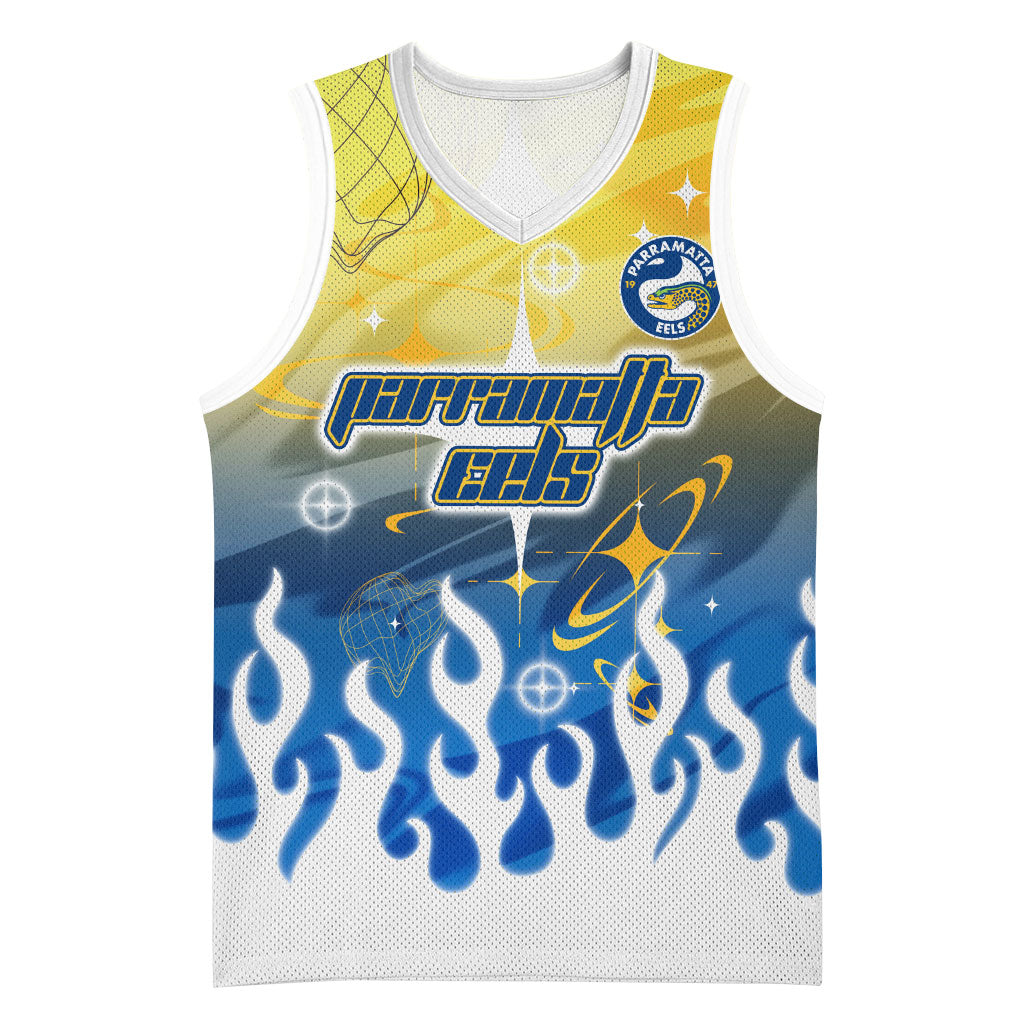 Personalized Parramatta Eels Basketball Jersey Y2K Grunge Aesthetic With Cyber Flames and Starburst Graphics