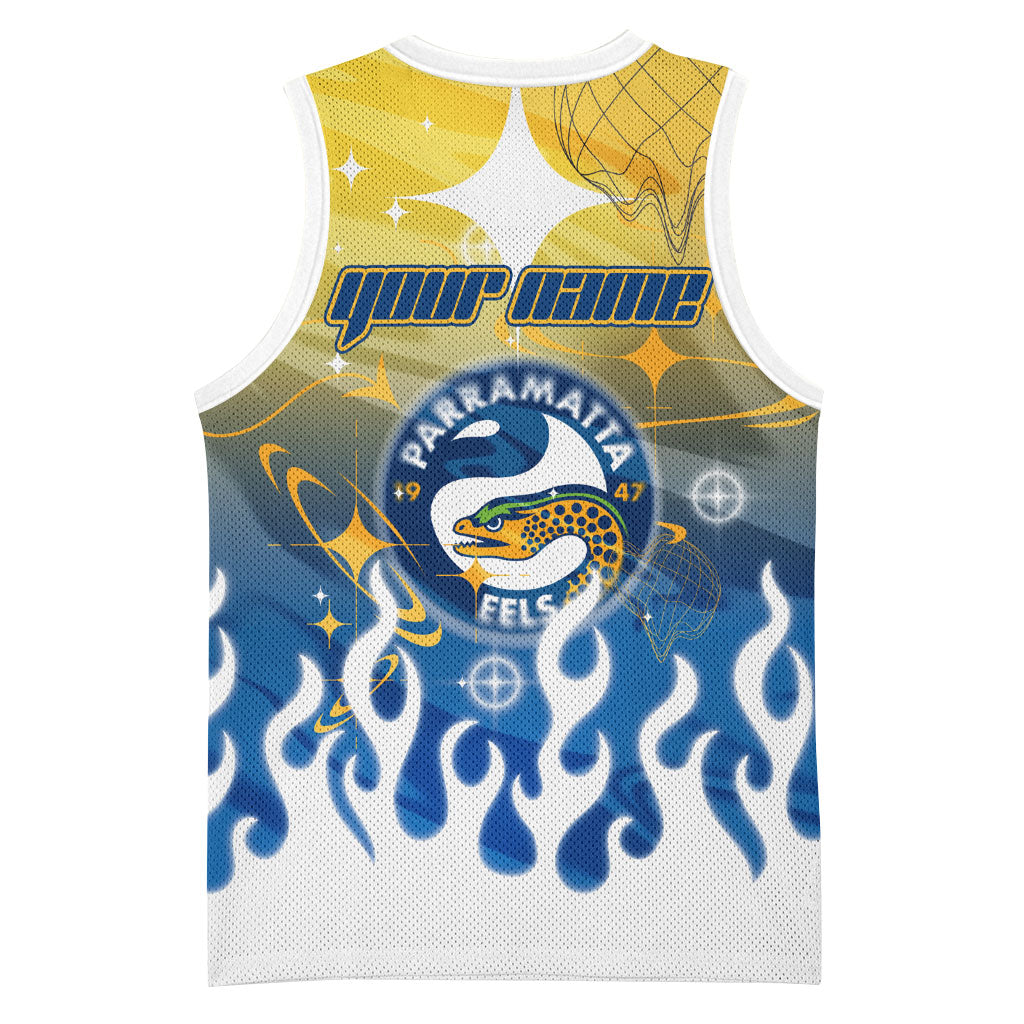 Personalized Parramatta Eels Basketball Jersey Y2K Grunge Aesthetic With Cyber Flames and Starburst Graphics