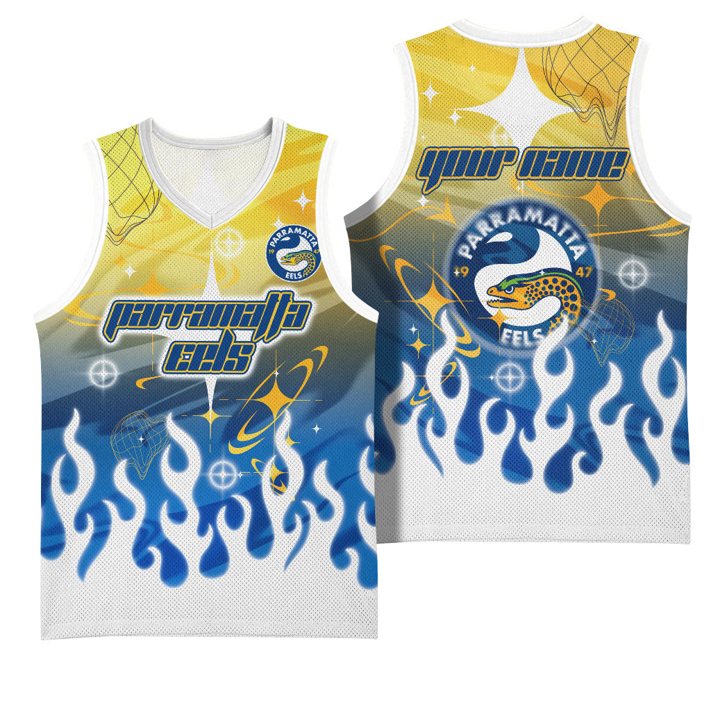 Personalized Parramatta Eels Basketball Jersey Y2K Grunge Aesthetic With Cyber Flames and Starburst Graphics