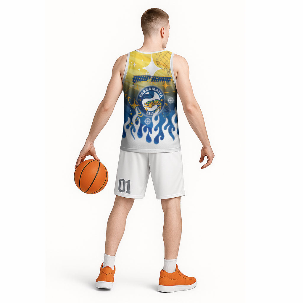 Personalized Parramatta Eels Basketball Jersey Y2K Grunge Aesthetic With Cyber Flames and Starburst Graphics
