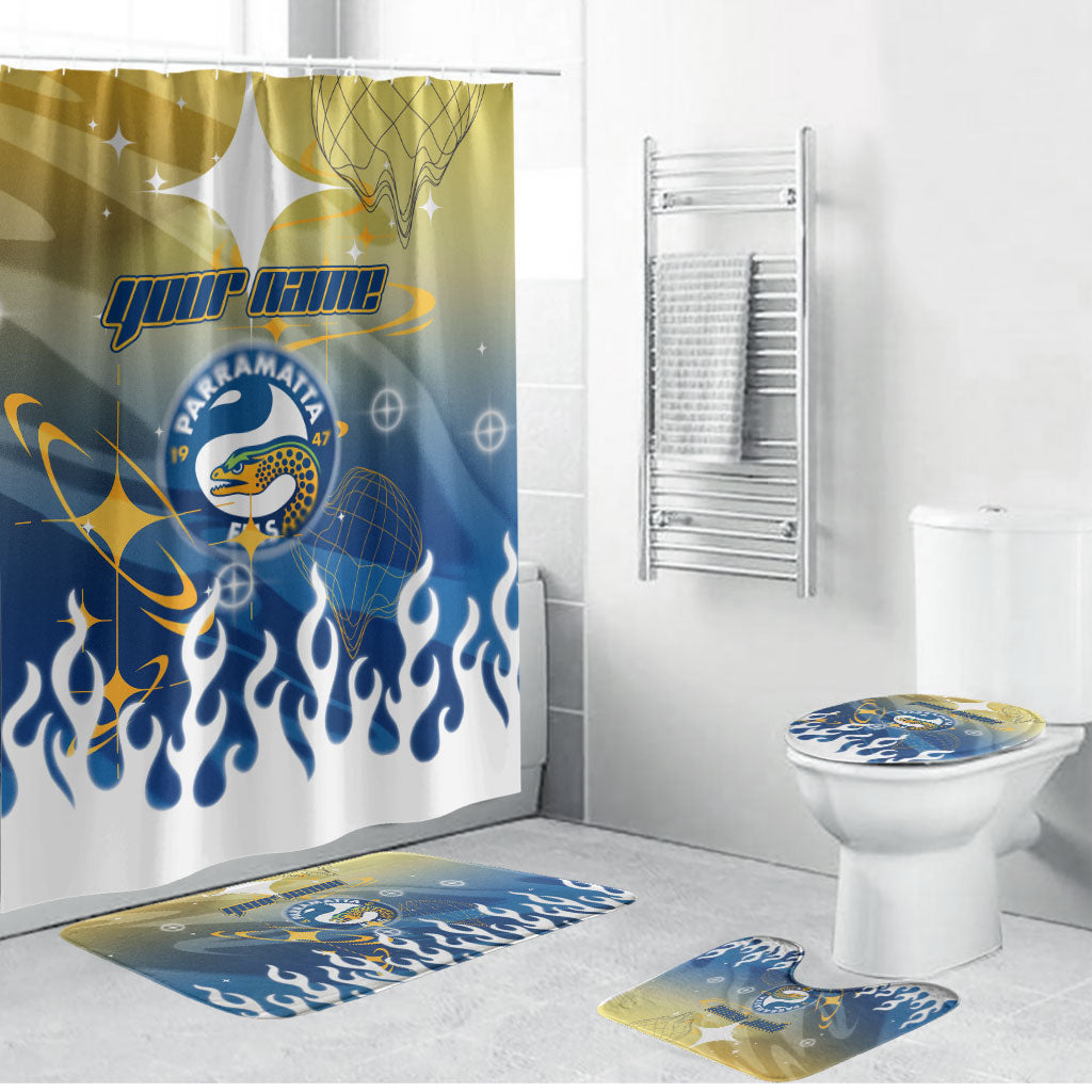Personalized Parramatta Eels Bathroom Set Y2K Grunge Aesthetic With Cyber Flames and Starburst Graphics