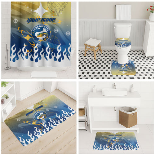 Personalized Parramatta Eels Bathroom Set Y2K Grunge Aesthetic With Cyber Flames and Starburst Graphics