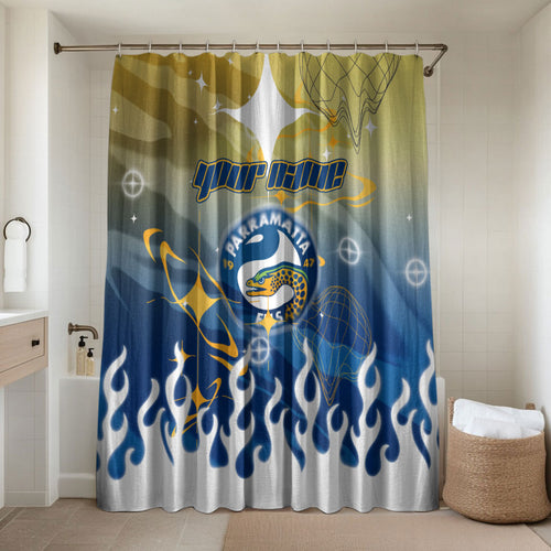 Personalized Parramatta Eels Bathroom Set Y2K Grunge Aesthetic With Cyber Flames and Starburst Graphics