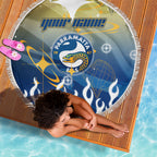 Personalized Parramatta Eels Beach Blanket Y2K Grunge Aesthetic With Cyber Flames and Starburst Graphics