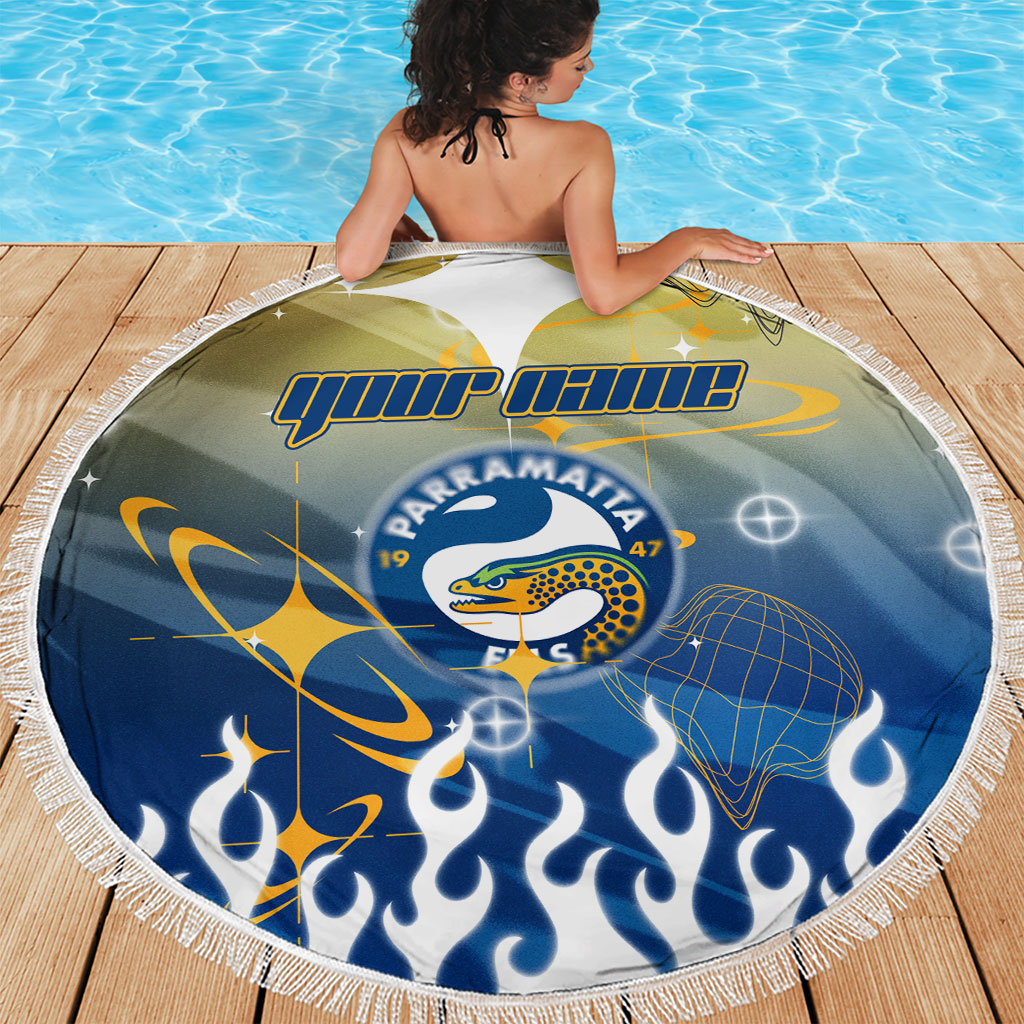Personalized Parramatta Eels Beach Blanket Y2K Grunge Aesthetic With Cyber Flames and Starburst Graphics
