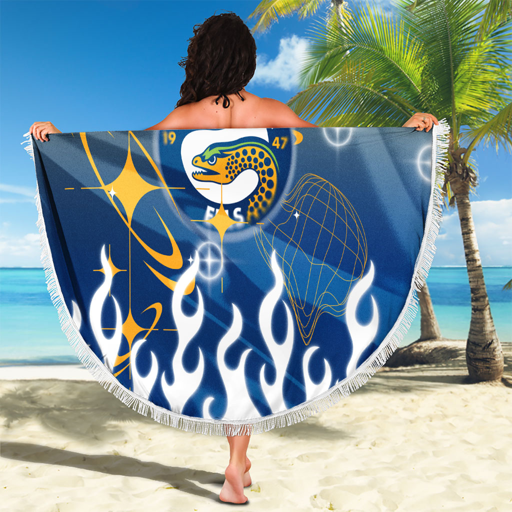 Personalized Parramatta Eels Beach Blanket Y2K Grunge Aesthetic With Cyber Flames and Starburst Graphics