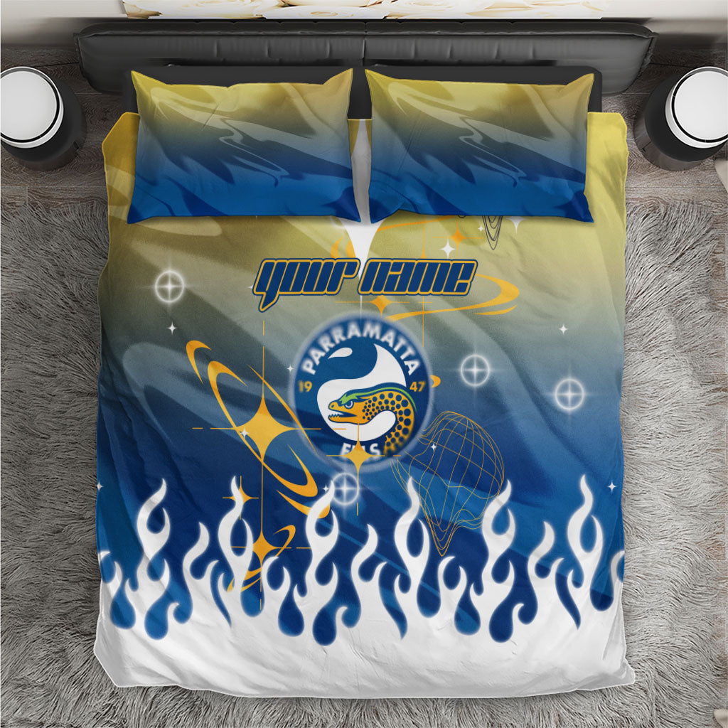 Personalized Parramatta Eels Bedding Set Y2K Grunge Aesthetic With Cyber Flames and Starburst Graphics