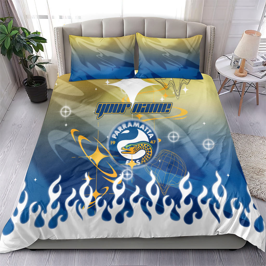 Personalized Parramatta Eels Bedding Set Y2K Grunge Aesthetic With Cyber Flames and Starburst Graphics