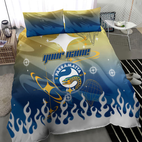 Personalized Parramatta Eels Bedding Set Y2K Grunge Aesthetic With Cyber Flames and Starburst Graphics