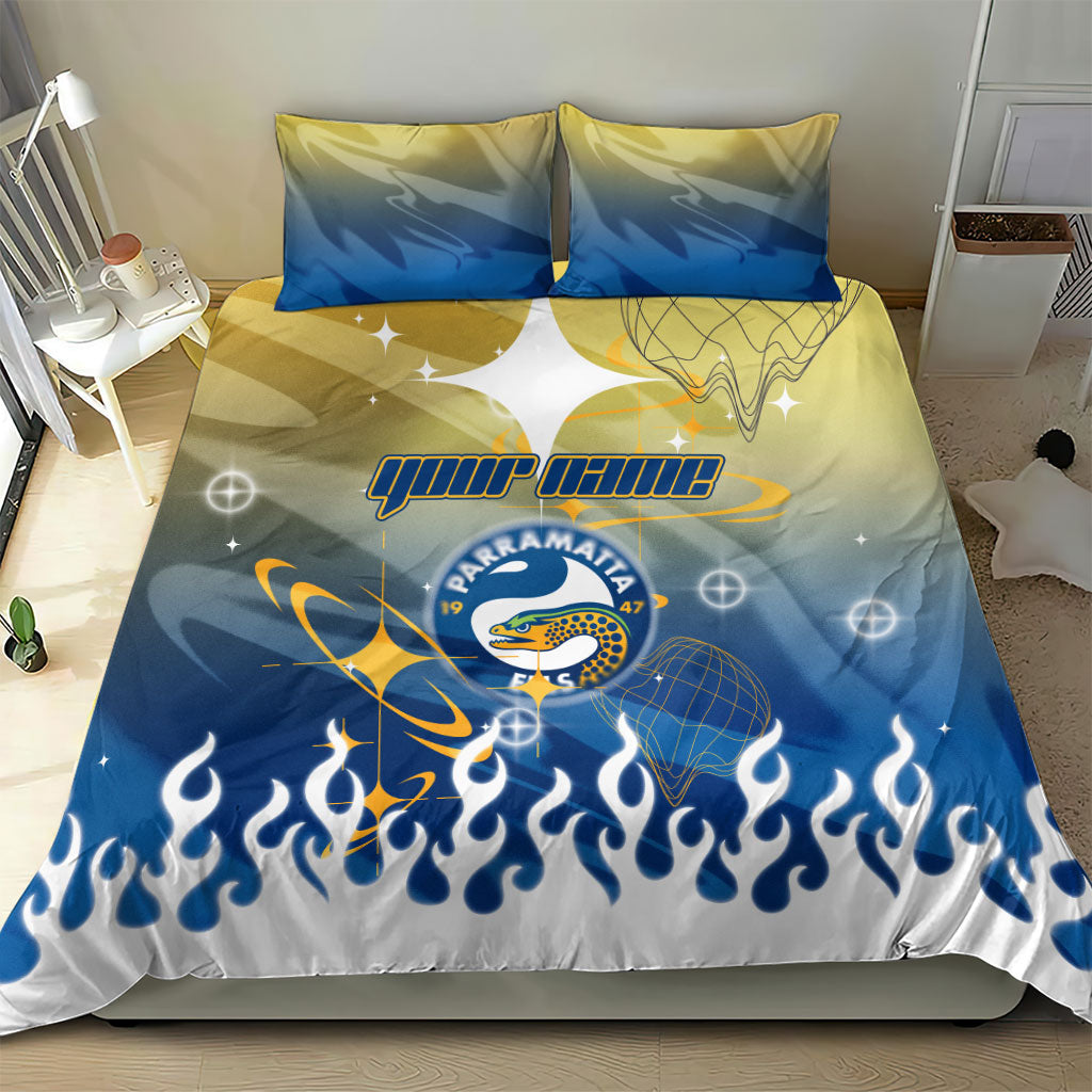 Personalized Parramatta Eels Bedding Set Y2K Grunge Aesthetic With Cyber Flames and Starburst Graphics